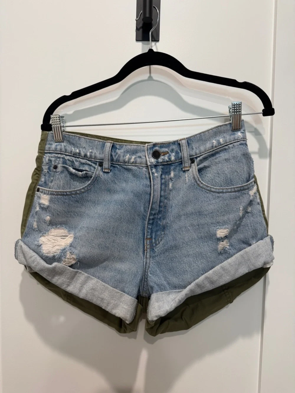 Alexander Wang Denim and Olive Utility Roll-Cuff Women’s Shorts - Picture 1 of 4